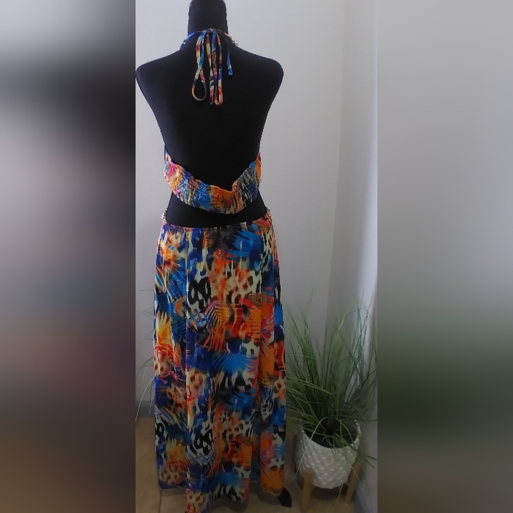 Tropical Vibrant Multi Colored Cutout Chain Link Maxi Halter Dress- Size Large - Picture 3 of 12